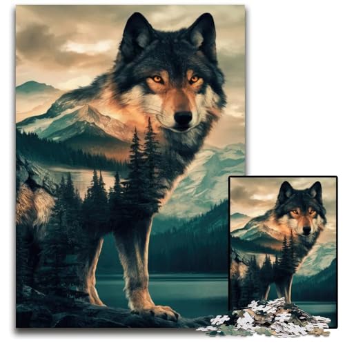 Puzzle 1000 Teile für Erwachsene Wolf und Berg Doppelbelichtung anspruchsvolle Puzzles für Heimdekoration Gehirntraining 1000 PCS (75 x 50 cm) von mowenbingpeng