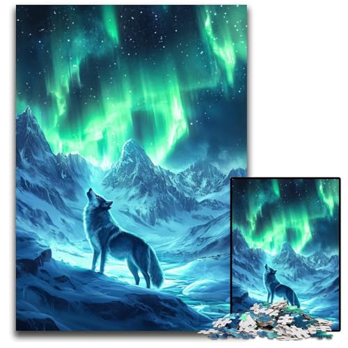 Puzzle 1000 Teile für Erwachsene Wolf unter Aurora Borealis schwierige Puzzles für Erwachsene zur Heimdekoration Gehirntraining 1000 Teile (38 x 26 cm) von mowenbingpeng