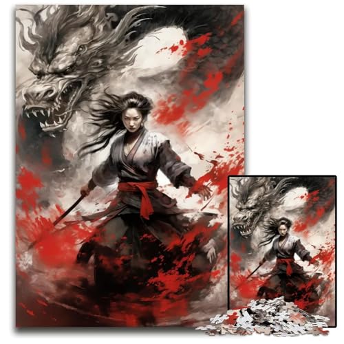 Puzzle 1000 Teile für Erwachsene japanischer Drache Samurai Holzpuzzle Denksportaufgabe Teenager Heimdekoration 1000 PCS (75 x 50 cm) von mowenbingpeng