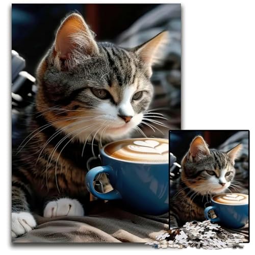 Puzzle 1000 Teile süße Katze trinkt Kaffee Puzzle Denkspiel für Teenager Familieninteraktion 1000 Teile (75 x 50 cm) von mowenbingpeng