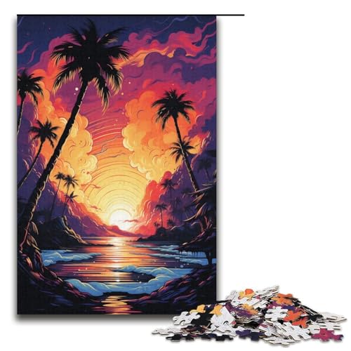Puzzle Bunte psychedelische Palmen bei Sonnenuntergang 1000-teiliges Puzzle aus Holz für Erwachsene und Kinder ab 12 Jahren Familienspaß-Puzzle 1000 Teile (38 x 26 cm) von mowenbingpeng