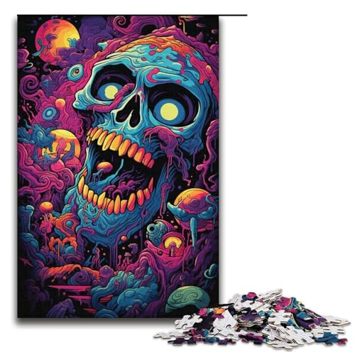Puzzle bunter Psychedelischer Totenkopf 1000 Teile Holzpuzzle für Erwachsene und Kinder ab 12 Jahren Familienspaß-Puzzle 1000 Teile (38 x 26 cm) von mowenbingpeng