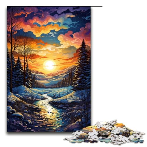 Puzzle farbenfroh und psychedelisch fallender Schnee und Sonnenuntergang 1000 Teile Holzpuzzle für Erwachsene und Kinder ab 12 Jahren Familienspaß-Puzzle 1000 Teile (75 x 50 cm) von mowenbingpeng