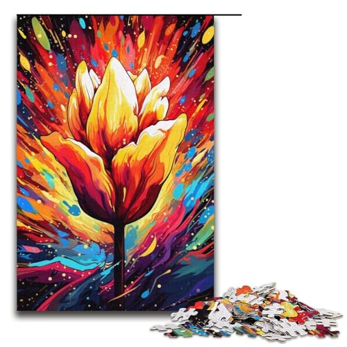 Puzzle für Erwachsene 1000 Teile Bunte psychedelische Tulpen Holzpuzzle Lernspiel Herausforderungsspielzeug 1000 Teile (38 x 26 cm) von mowenbingpeng