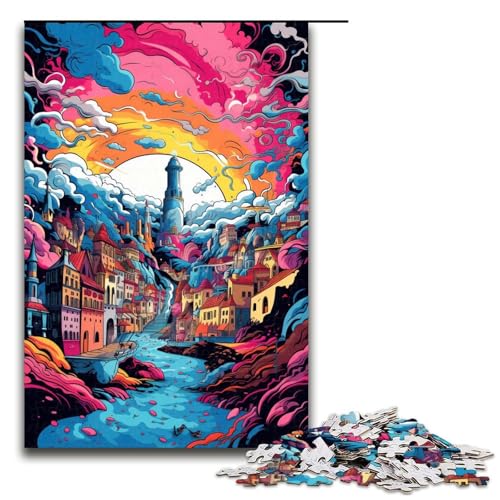 Puzzle für Erwachsene 1000 Teile Dubrovniks farbenfrohes psychedelisches Holzpuzzle für Kinder Lernspiel 1000 Teile (75 x 50 cm) von mowenbingpeng