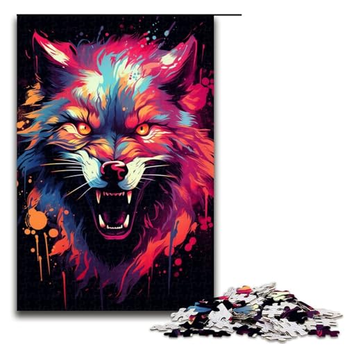 Puzzle für Erwachsene 1000 Teile Farbiges psychedelisches Gemälde Wolf Holzpuzzle 1000 Teile (75 x 50 cm) von mowenbingpeng
