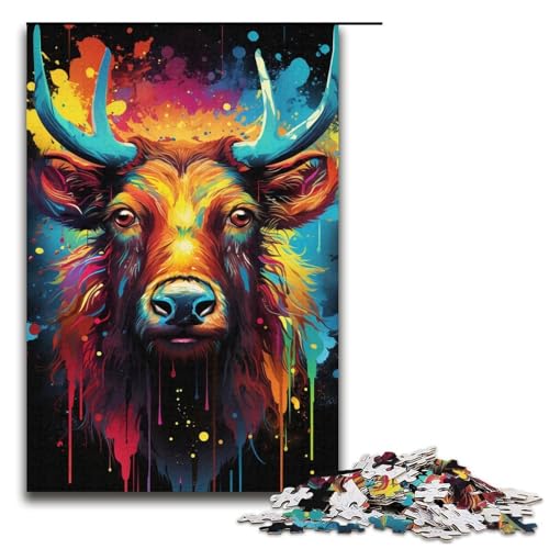 Puzzle für Erwachsene 1000 Teile Farbmalerei Elch-Puzzle Holzpuzzle Lernspiel Herausforderungsspielzeug 1000 Teile (38 x 26 cm) von mowenbingpeng