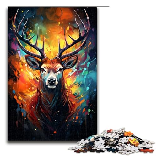 Puzzle für Erwachsene 1000 Teile Farbmalerei Hirschfamilie Holzpuzzle Lernspiel Herausforderungsspielzeug 1000 Teile (75 x 50 cm) von mowenbingpeng