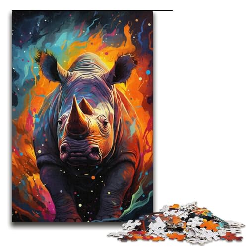 Puzzle für Erwachsene 1000 Teile Farbmalerei Nashornfamilie Holzpuzzle Lernspiel Herausforderungsspielzeug 1000 Teile (38 x 26 cm) von mowenbingpeng