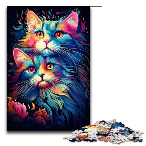 Puzzle für Erwachsene 1000 Teile Farbmalerei Psychedelische Katze Holzpuzzle 1000 Teile (75 x 50 cm) von mowenbingpeng