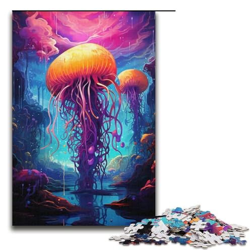 Puzzle für Erwachsene 1000 Teile Farbmalerei Quallen Holzpuzzle für Kinder Lernspiel 1000 Teile (38 x 26 cm) von mowenbingpeng