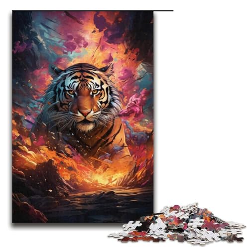 Puzzle für Erwachsene 1000 Teile Farbmalerei Tigerfamilie Holzpuzzle Lernspiel Herausforderungsspielzeug 1000 Teile (38 x 26 cm) von mowenbingpeng