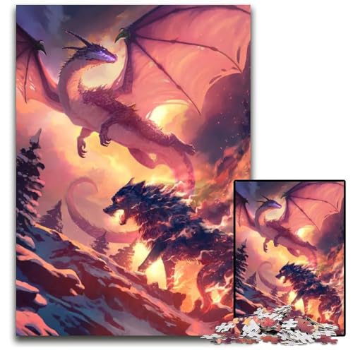 Puzzle für Erwachsene 1000 Teile Fliegender Drache flammender Wolf Puzzles für Erwachsene Lernspielzeug für Jugendliche HeimbüroDekoration 1000 PCS (75 x 50 cm) von mowenbingpeng