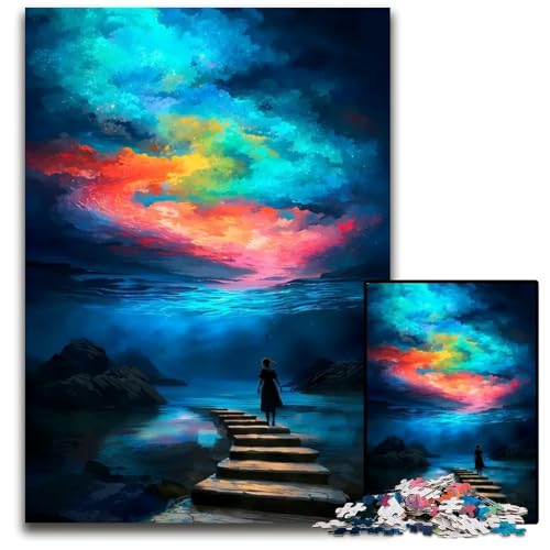 Puzzle für Erwachsene 1000 Teile Frau geht in Richtung bunter Himmel Holzpuzzle perfekt für Familienfeiern Geburtstage Feiertage 1000 Teile (75 x 50 cm) von mowenbingpeng