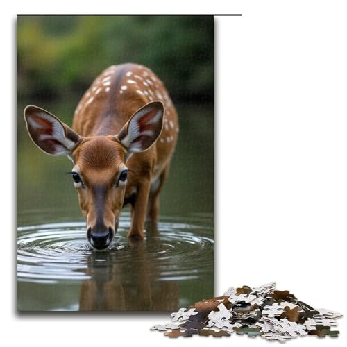 Puzzle für Erwachsene 1000 Teile Hirsch Trinkwasser Familie Holzpuzzle Lernspiel Herausforderungsspielzeug 1000 Teile (75 x 50 cm) von mowenbingpeng