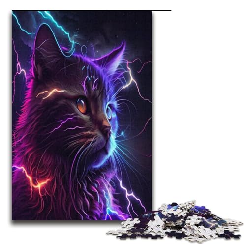 Puzzle für Erwachsene 1000 Teile Lightning Cosmic Cat AI Art Puzzle für Erwachsene Holzpuzzles Familienspiele Weihnachtsgeburtstagsgeschenke 1000 Teile (38 x 26 cm) von mowenbingpeng
