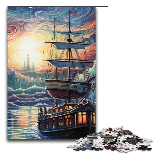 Puzzle für Erwachsene 1000 Teile Psychedelisches Schiffsrennen bei Nacht Holzpuzzle 1000 Teile (75 x 50 cm) von mowenbingpeng