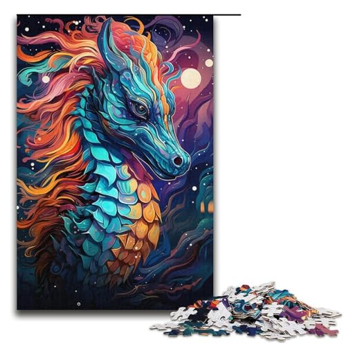 Puzzle für Erwachsene 1000 Teile buntes psychedelisches Seepferdchen Holzpuzzle für Kinder Lernspiel 1000 Teile (38 x 26 cm) von mowenbingpeng