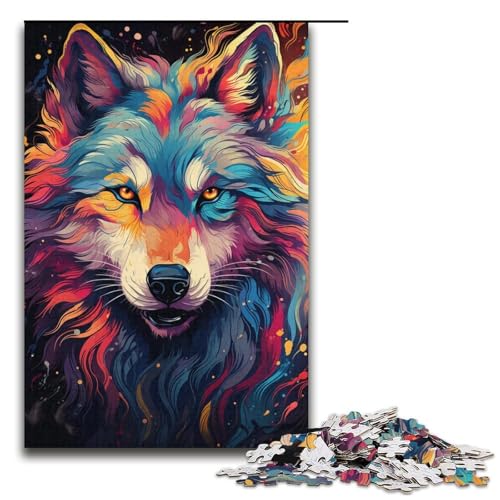 Puzzle für Erwachsene 1000 Teile buntes psychedelisches Wolf-Holzpuzzle für Kinder Lernspiel 1000 Teile (38 x 26 cm) von mowenbingpeng