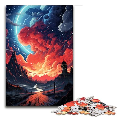 Puzzle für Erwachsene 1000 Teile buntes psychedelisches rotes und blaues Himmelspuzzle Holzpuzzle Lernspiel Herausforderungsspielzeug 1000 Teile (75 x 50 cm) von mowenbingpeng