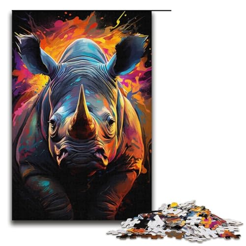 Puzzle für Erwachsene 1000 Teile farbenfrohe Psychedelia mit Neon-Nashorn Puzzlespiel lustiges Spielzeug 1000 Teile (38 x 26 cm) von mowenbingpeng