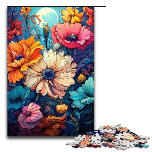 Puzzle für Erwachsene 1000 Teile farbenfrohe psychedelische Neon-Wildblumen Puzzlespiel lustiges Spielzeug 1000 Teile (75 x 50 cm) von mowenbingpeng