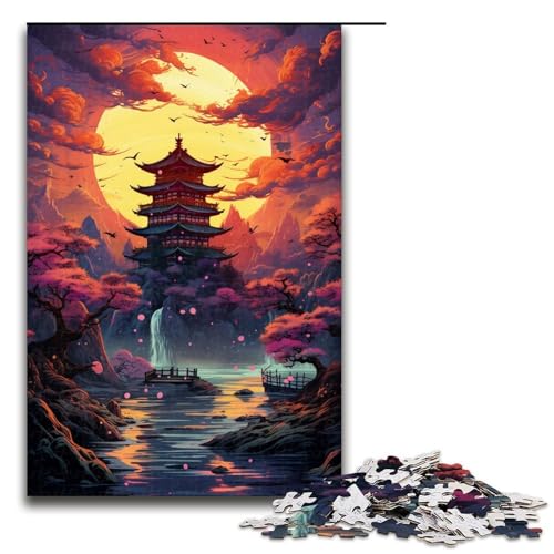 Puzzle für Erwachsene 1000 Teile farbenfroher Psychedelischer Sonnenuntergang über Einer Pagode Geburtstagsgeschenk für Teenager ab 14 Jahren 1000 Teile (75 x 50 cm) von mowenbingpeng