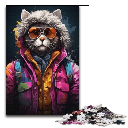 Puzzle für Erwachsene 1000 Teile farbenfrohes bizarres psychedelisches Katzen-Holzpuzzle für Kinder Lernspiel 1000 Teile (38 x 26 cm) von mowenbingpeng