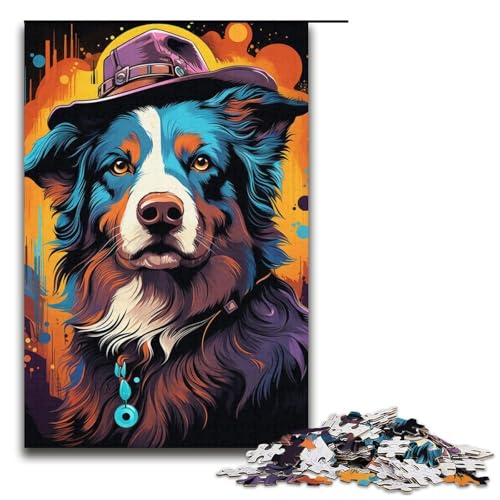 Puzzle für Erwachsene 1000 Teile farbenfrohes psychedelisches Australian Shepherd-Puzzle Lernspiele für Zuhause DIY-Spielzeug tolles Geschenk für Spiele 1000 Teile (38 x 26 cm) von mowenbingpeng