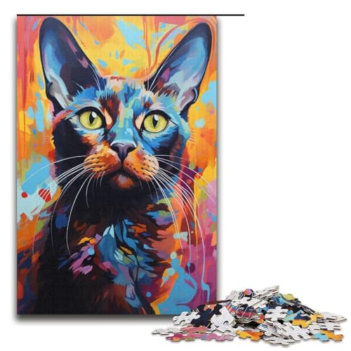 Puzzle für Erwachsene 1000 Teile farbenfrohes psychedelisches Gemälde Einer Burma-Katze Holzpuzzle für Kinder Lernspiel 1000 Teile (38 x 26 cm) von mowenbingpeng
