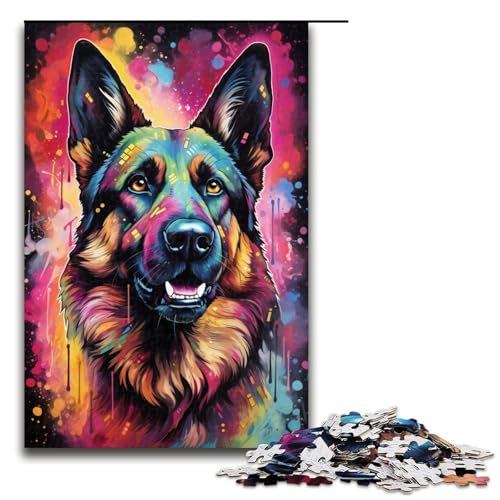 Puzzle für Erwachsene 1000 Teile farbenfrohes psychedelisches Holzpuzzle mit deutschem Schäferhund 1000 Teile (75 x 50 cm) von mowenbingpeng