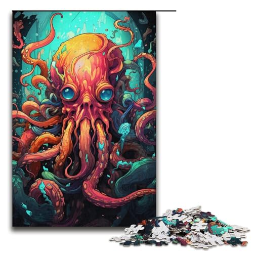 Puzzle für Erwachsene 1000 Teile farbenfrohes psychedelisches Kunstgemälde eines Oktopus Holzpuzzle 1000 Teile (38 x 26 cm) von mowenbingpeng