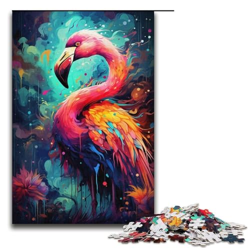 Puzzle für Erwachsene 1000 Teile farbenfrohes psychedelisches Tier Flamingo-Familie Holzpuzzle Lernspiel Herausforderungsspielzeug 1000 Teile (38 x 26 cm) von mowenbingpeng