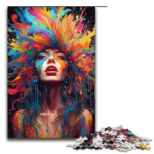 Puzzle für Erwachsene Bunte psychedelische Frau 1000-teiliges Holzpuzzle für Kinder ab 12 Jahren Lernspielzeug 1000 Teile (38 x 26 cm) von mowenbingpeng