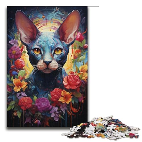 Puzzle für Erwachsene Bunte psychedelische Sphinx-Katze 1000 Teile Holzpuzzle für Kinder ab 12 Jahren Lernspielzeug 1000 Teile (38 x 26 cm) von mowenbingpeng