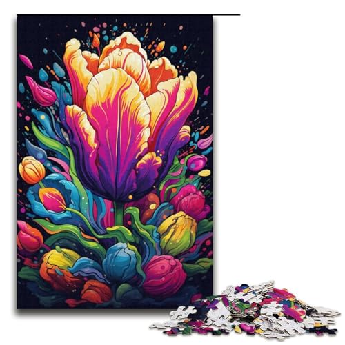 Puzzle für Erwachsene Bunte psychedelische Tulpen 1000-teiliges Holzpuzzle für Kinder ab 12 Jahren Lernspielzeug 1000 Teile (38 x 26 cm) von mowenbingpeng