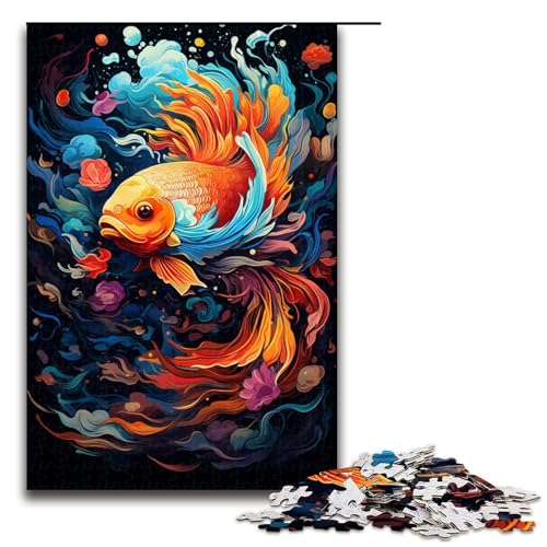 Puzzle für Erwachsene Bunter Psychedelischer Goldfisch 1000 Teile Holzpuzzle für Erwachsene und Kinder ab 12 Jahren 1000 Teile (75 x 50 cm) von mowenbingpeng