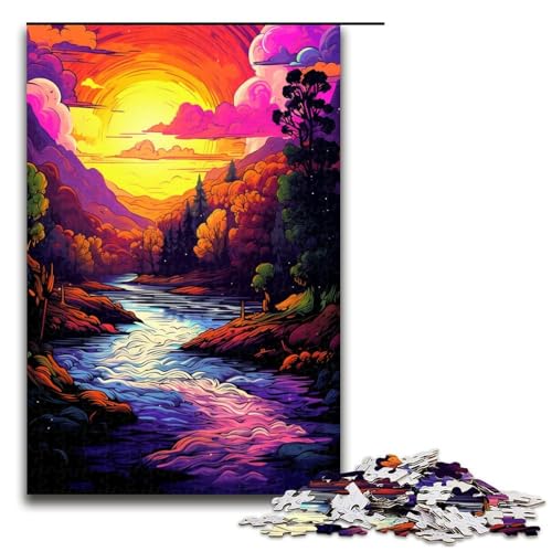 Puzzle für Erwachsene Bunter Sonnenuntergangsfluss 1000 Teile Holzpuzzle für Erwachsene und Kinder ab 12 Jahren 1000 Teile (75 x 50 cm) von mowenbingpeng