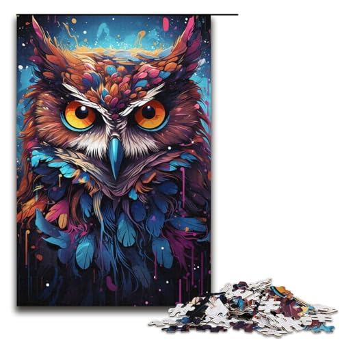 Puzzle für Erwachsene Farbmalerei Eule 1000 Teile Holzpuzzle für Kinder ab 12 Jahren Lernspielzeug 1000 Teile (38 x 26 cm) von mowenbingpeng