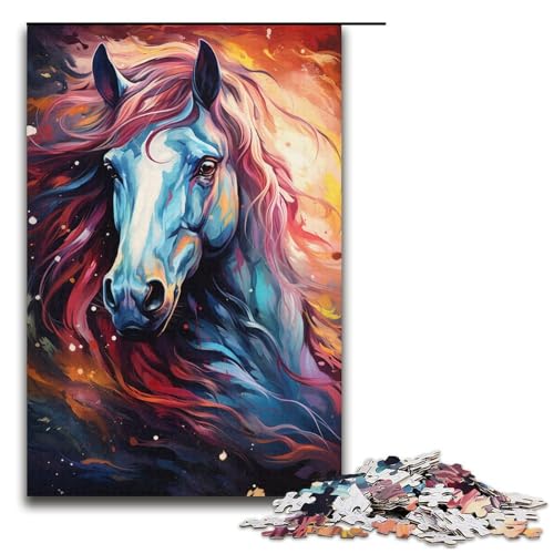 Puzzle für Erwachsene Farbmalerei Pferd 1000-teiliges Holzpuzzle für Kinder ab 12 Jahren Lernspielzeug 1000 Teile (38 x 26 cm) von mowenbingpeng