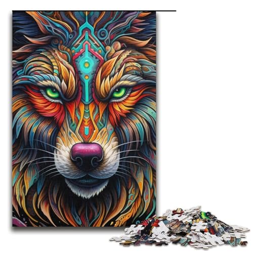 Puzzle für Erwachsene Psychedelischer Kunstwolf 1000 Teile Papierpuzzle für Erwachsene und Kinder ab 12 Jahren Lernspielzeug 1000 Teile (38 x 26 cm) von mowenbingpeng