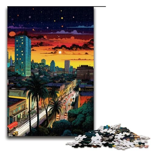 Puzzle für Erwachsene Psychedelisches Stadtbild 1000-teiliges Holzpuzzle für Kinder ab 12 Jahren Heimdekoration 1000 Teile (75 x 50 cm) von mowenbingpeng