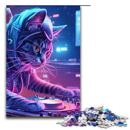 Puzzle für Erwachsene Punk Katze Rapper DJ 1000-teiliges Papierpuzzle für Kinder ab 12 Jahren Lernspielzeug 1000 Teile (38 x 26 cm) von mowenbingpeng