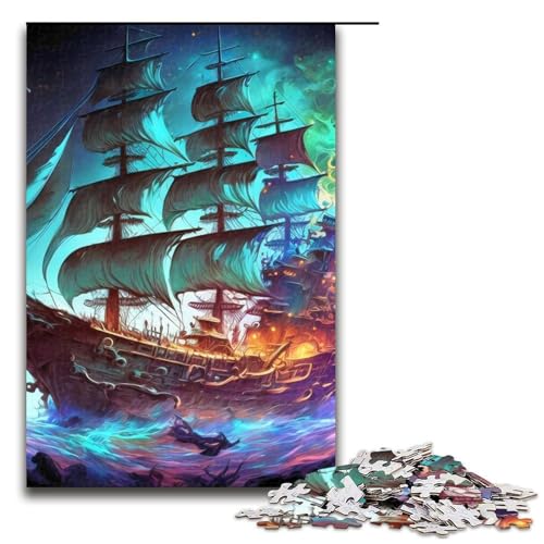 Puzzle für Erwachsene Segel-Piratenschiff 1000-teiliges Holzpuzzle für Kinder ab 12 Jahren Lernspielzeug 1000 Teile (75 x 50 cm) von mowenbingpeng