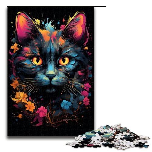 Puzzle für Erwachsene bunt Bizarre psychedelische Katze 1000 Teile Holzpuzzle für Kinder ab 12 Jahren anspruchsvolles Spiel 1000 Teile (75 x 50 cm) von mowenbingpeng
