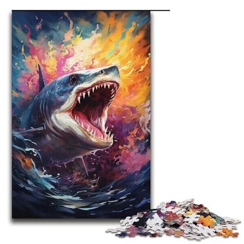 Puzzle für Erwachsene bunter Psychedelischer Hai 1000 Teile Holzpuzzle für Erwachsene und Kinder ab 12 Jahren 1000 Teile (38 x 26 cm) von mowenbingpeng