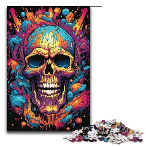 Puzzle für Erwachsene bunter Psychedelischer Totenkopf 1000 Teile Holzpuzzle für Kinder ab 12 Jahren Lernspielzeug 1000 Teile (38 x 26 cm) von mowenbingpeng