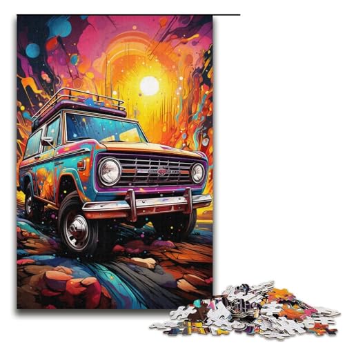 Puzzle für Erwachsene buntes psychedelisches Retro-Auto bei Sonnenuntergang 1000-teiliges Holzpuzzle für Kinder ab 12 Jahren Lernspielzeug 1000 Teile (38 x 26 cm) von mowenbingpeng