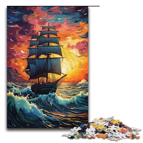 Puzzle für Erwachsene buntes psychedelisches Segelboot 1000 Teile Holzpuzzle für Erwachsene und Kinder ab 12 Jahren Lernspielzeug 1000 Teile (38 x 26 cm) von mowenbingpeng