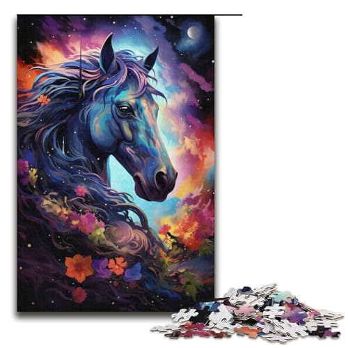 Puzzle für Erwachsene farbenfrohe Psychedelia des Sternenhimmelpferds 1000-teiliges Holzpuzzle für Kinder ab 12 Jahren Lernspielzeug 1000 Teile (38 x 26 cm) von mowenbingpeng